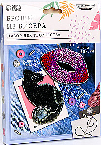 Beaded Embroidery Brooch. Cat and Lips