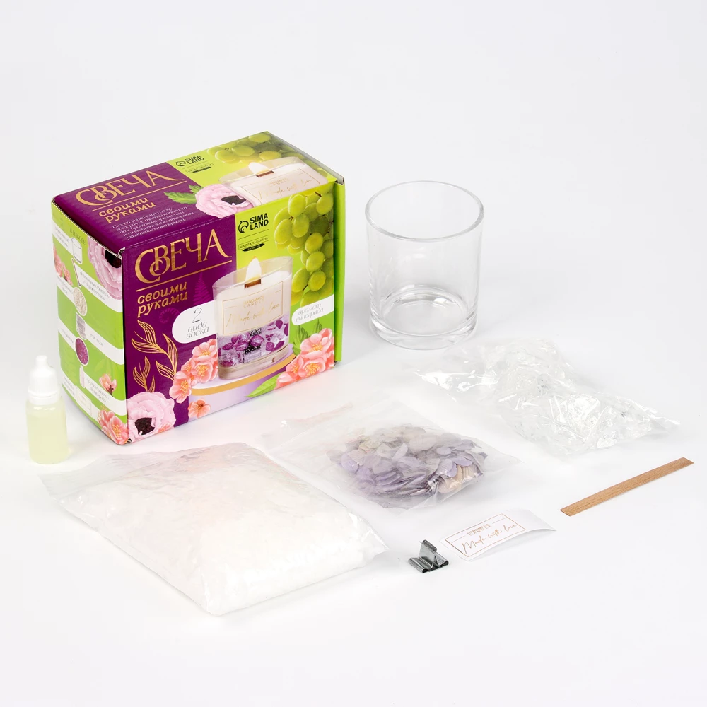 Set zur Herstellung einer aromatischen Kerze aus zwei Wachsarten mit Trockenblumen Traube