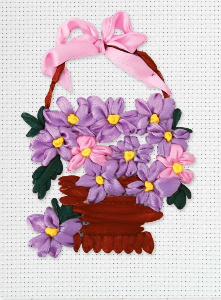 Ribbon Embroidery Kit on Canvas Basket of Violets