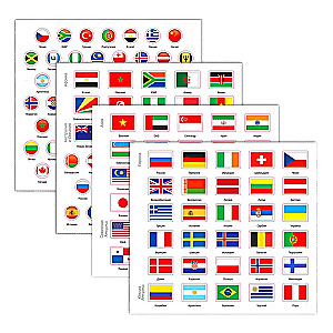 Learning about countries and flags. Picture book with stickers. 150 pieces