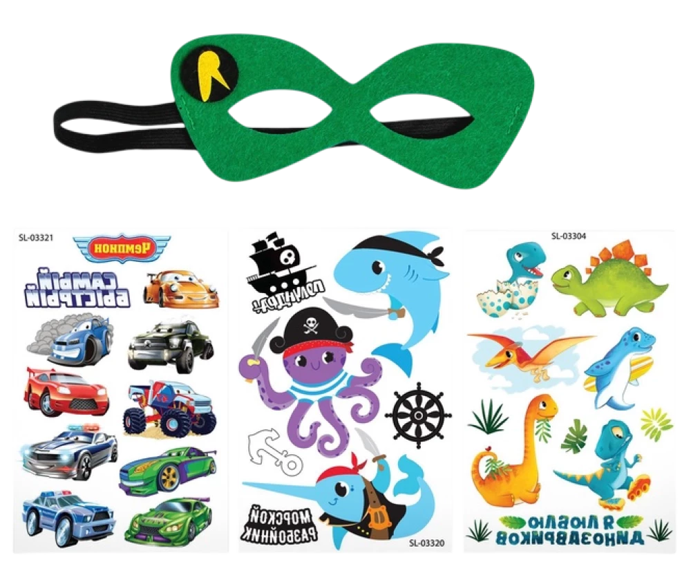 Vaikiškų tatuiruočių rinkinys + superherojus kaukė - Pyplys dinozauras