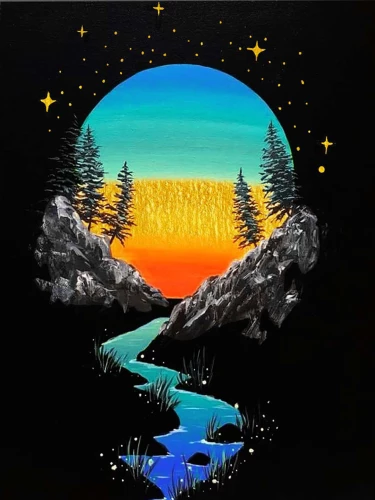 Numbered Painting Fluid. Black Canvas with Gold Leaf - Sunset in the Mountains, 40x50cm
