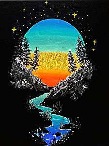 Numbered Painting Fluid. Black Canvas with Gold Leaf - Sunset in the Mountains, 40x50cm