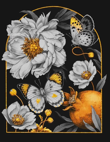 Numbered painting with gold leaf - Black canvas. White flowers and butterflies, 40x50 cm