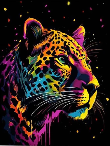 Paint by numbers - Black canvas. Colorful leopard, 40x50cm