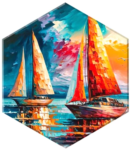 Painting by numbers with gold leaf - Hexagon. Sailing ships at sunset, 37x32 cm