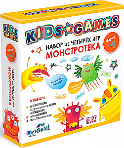 Set aus vier Spielen. Monsterbibliothek. Laufspiel. Domino. Memo