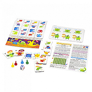 Set aus vier Spielen. Monsterbibliothek. Laufspiel. Domino. Memo