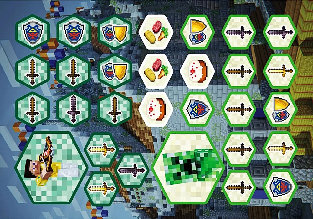 Brettspiel - Konfrontation. Im Stil von Minecraft. Kampf gegen den Creeper