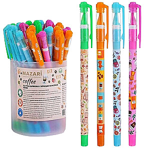 Ballpoint Pen - Coffee, BLUE, oil-based ink, needle tip 0.7 mm, colored plastic body with rubber grip, 4 designs, replaceable refill 144 mm