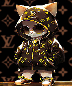 Numbered painting black canvas with gold leaf - Fashionable kitten