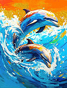 Nummeriertes Gemälde mit Gold - Spiel der Delfine, 40x50 cm