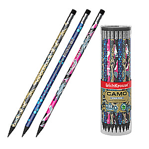 Schwarzer Graphitbleistift aus Kunststoff - Camo, dreikantig, mit Radiergummi, HB, in vielen Designs