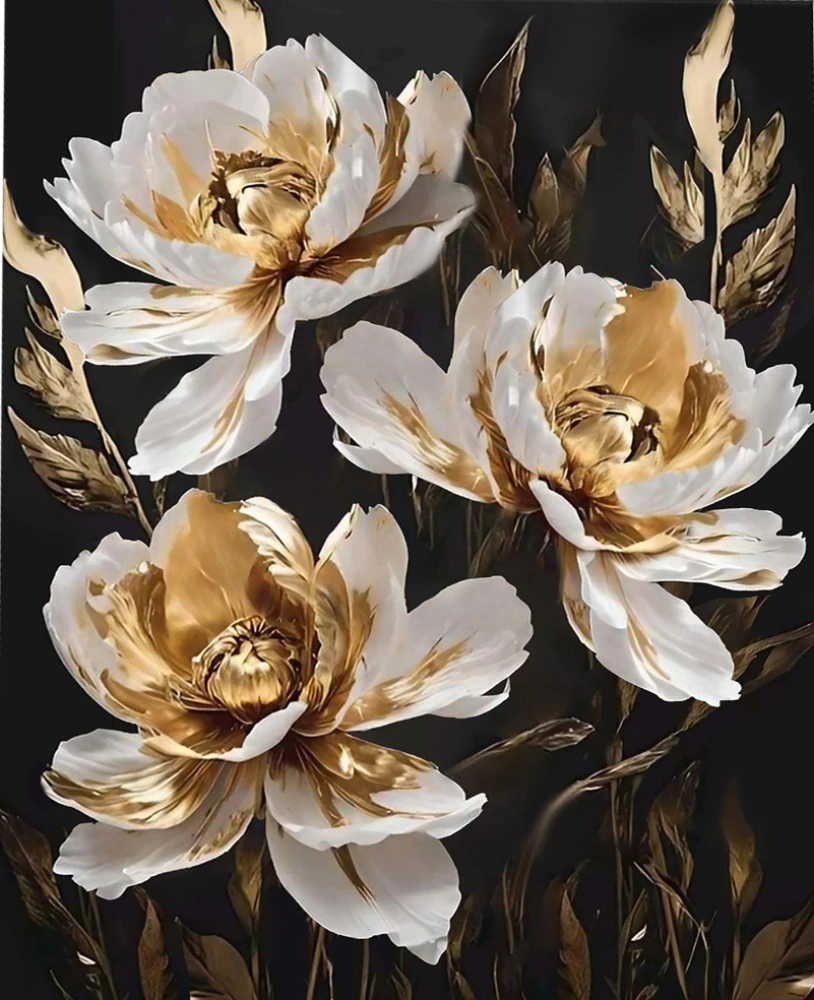 Obraz według numerów czarny płótno z złotym liściem - Białe piwonie na czarnym tle