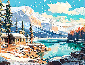 Painting by numbers with silver foil - House by the mountain lake