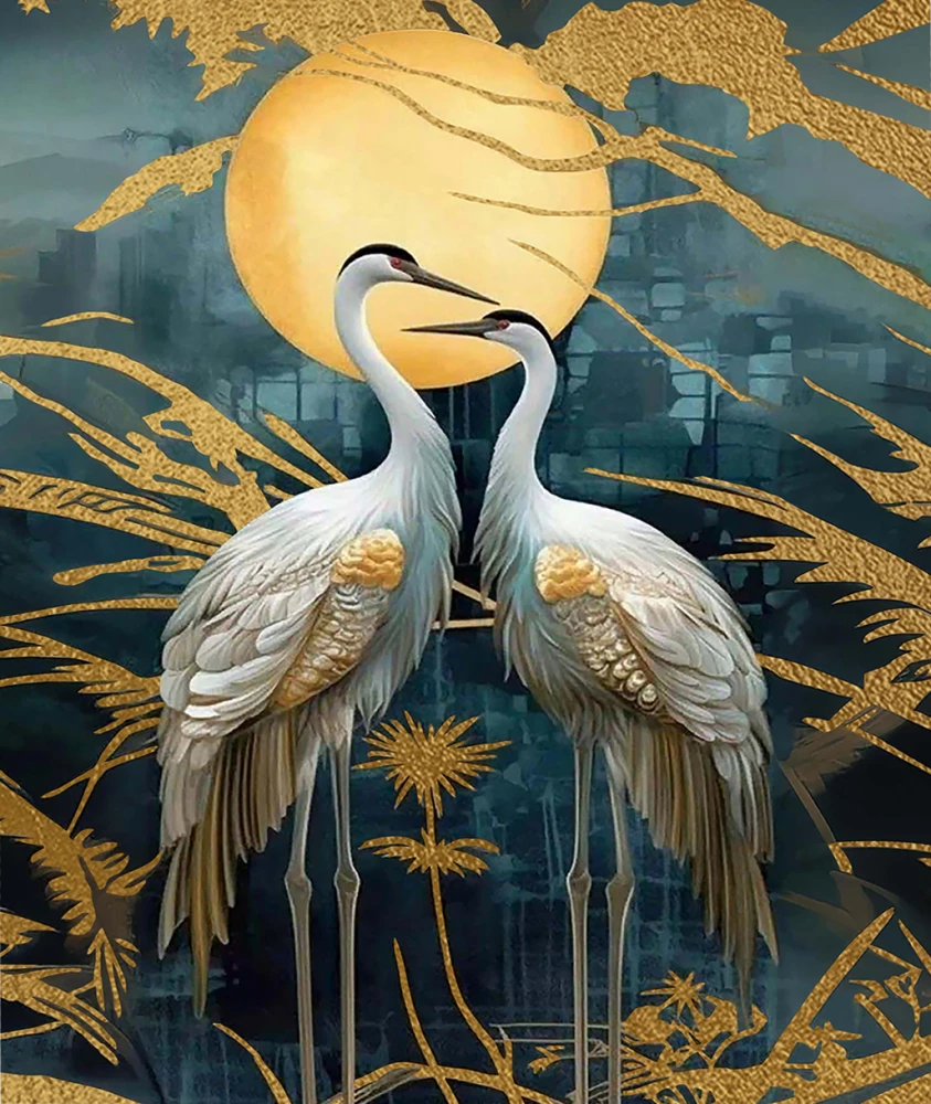 Numbered painting with gold leaf - Japanese cranes in the full moon