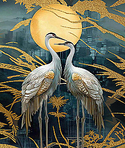 Numbered painting with gold leaf - Japanese cranes in the full moon