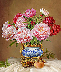 Numbered Painting with Foil - Buzin. Peonies in a Porcelain Vase