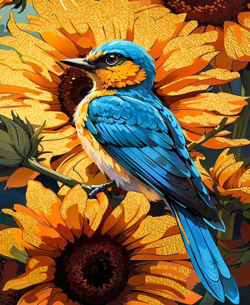Malerei nach Zahlen mit Blattgold - Blaue Vogel in Sonnenblumen