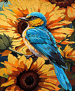 Malerei nach Zahlen mit Blattgold - Blaue Vogel in Sonnenblumen