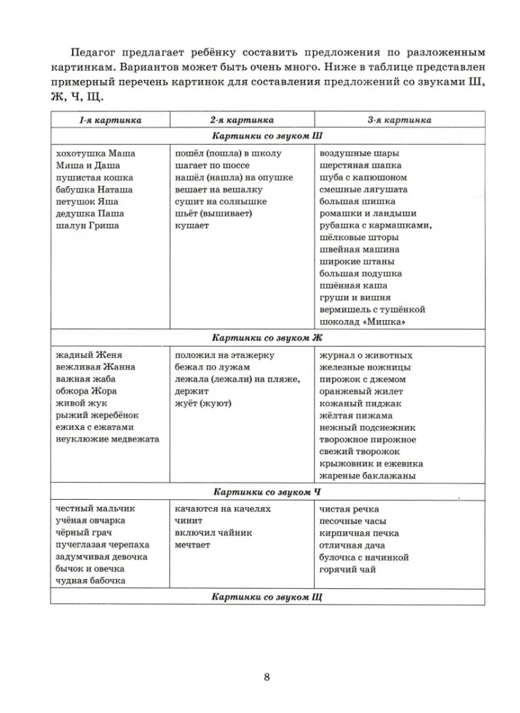Sammeln von Sätzen. Die Laute Sch, Sch, Ts, Schtsch. Bildkarten zur Automatisierung der Laute