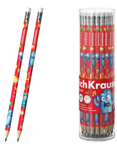 Must grafiitpliiats ErichKrause Jolly Friends, kolmnurkne, kustukummiga, HB. valikus