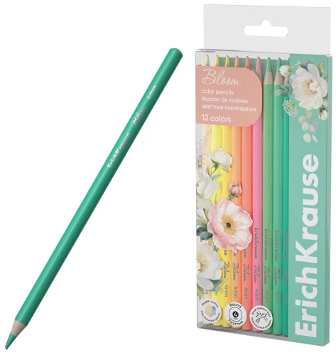 Värvilised puidust pliiatsid ErichKrause Pastel Bloom ümmargused, tipp 4 mm, 12 värvi