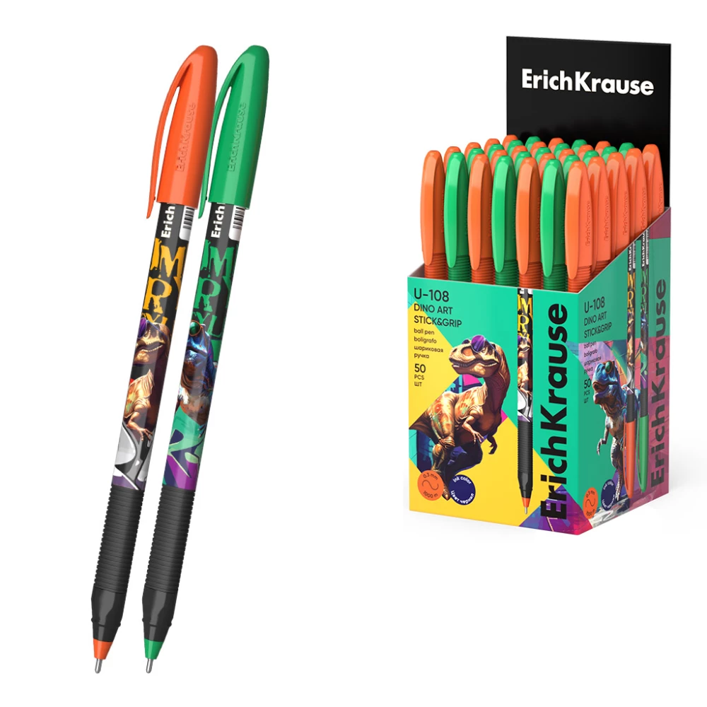 ErichKrause U-109 Stick&Grip Dino Art 1.0 Ballpoint Pen, Ultra Glide Technology, ink color blue, assorted